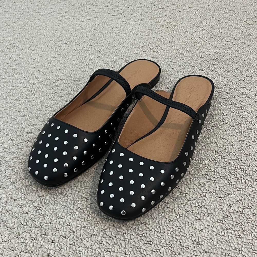 Madewell The Greta Ballet Flat Mule in Black Studded Leather